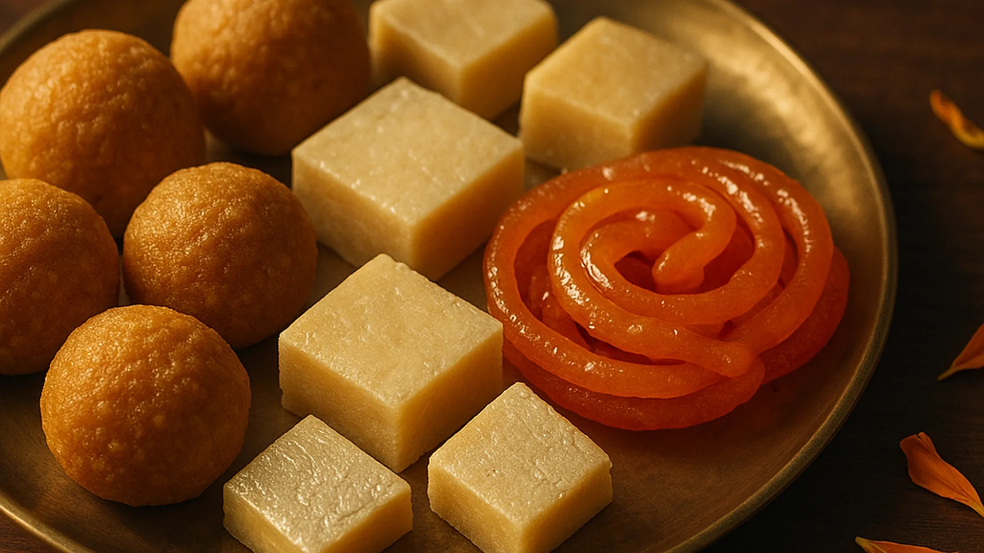 Indian sweets arranged on a brass plate with marigold petals