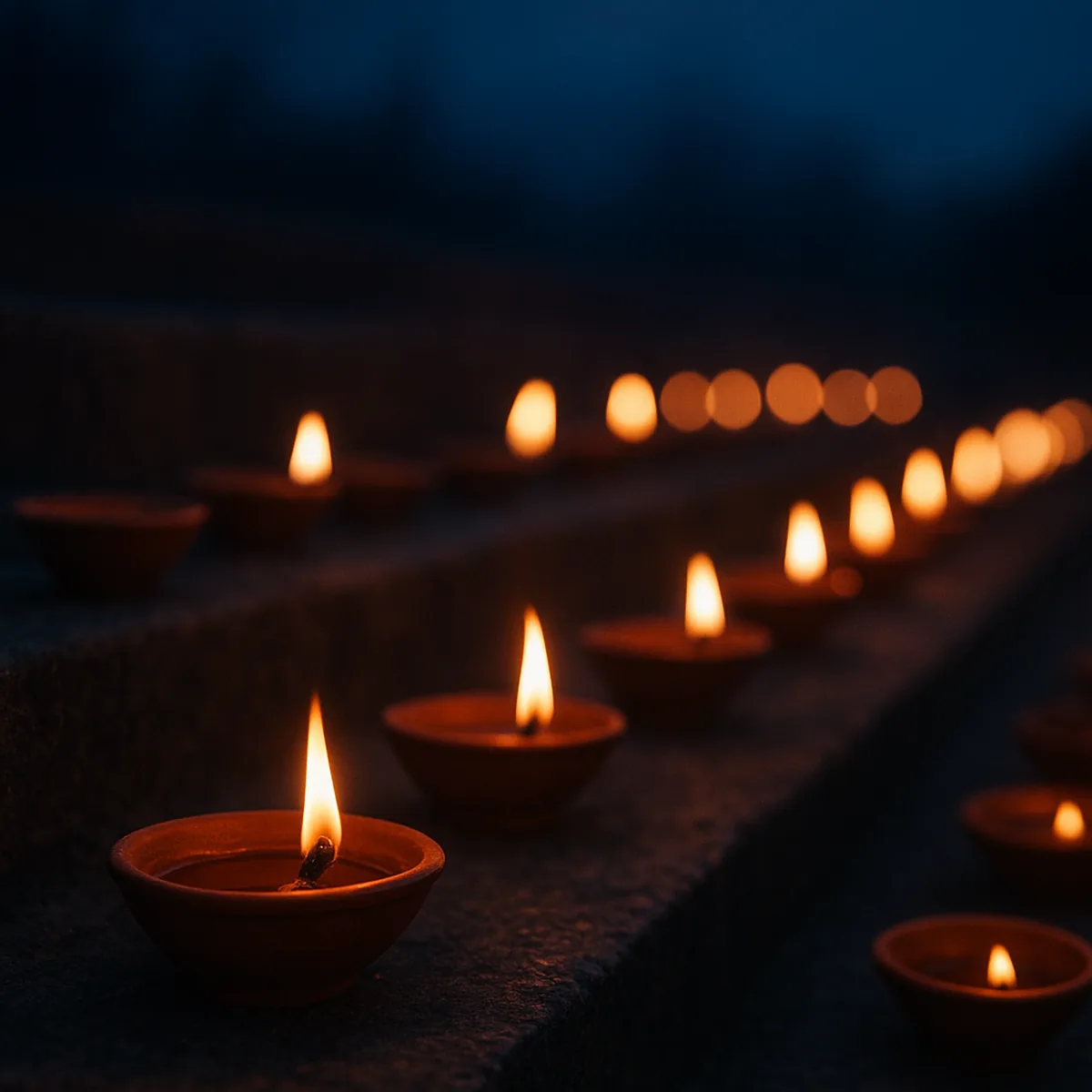 Rows of lit clay diyas glowing on a stone step at dusk